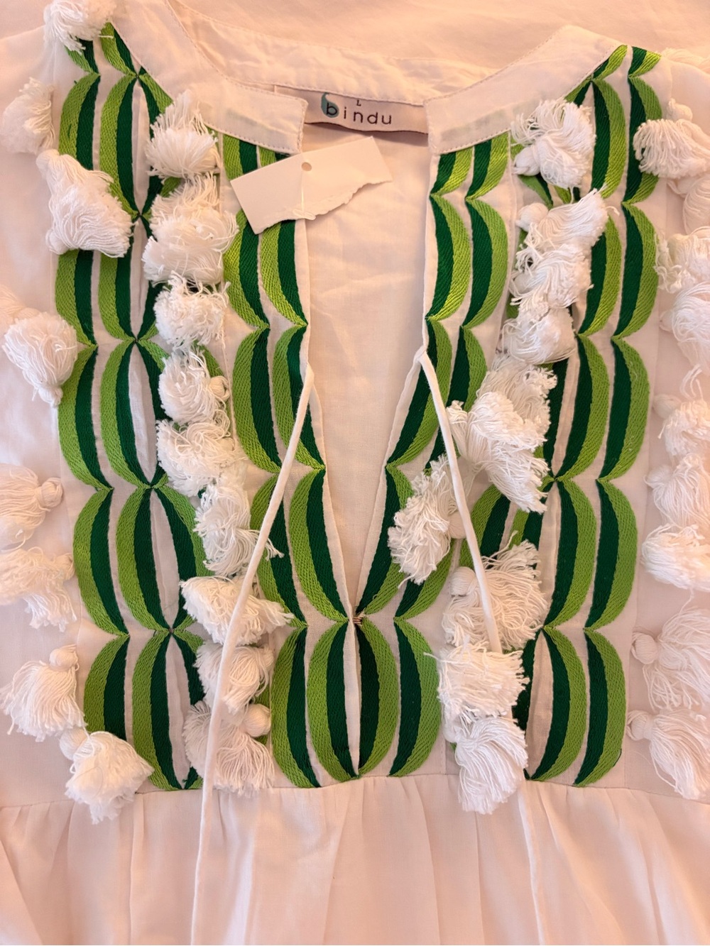 White beach vacation Dress with Green Trim - Picture 2 of 4
